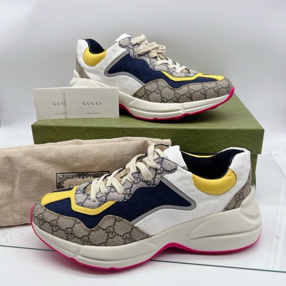 Gucci Rython GG Logo Monogram Mens Sneaker Blue/ Beige Leather UK 10.5/ US 11 - Picture 1 of 14